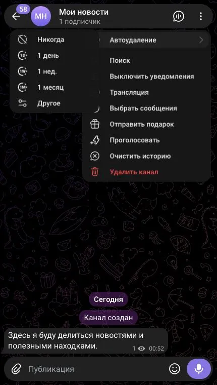 Меню канала с вариантами автоудаления: никогда, день, неделя, месяц и другой срок